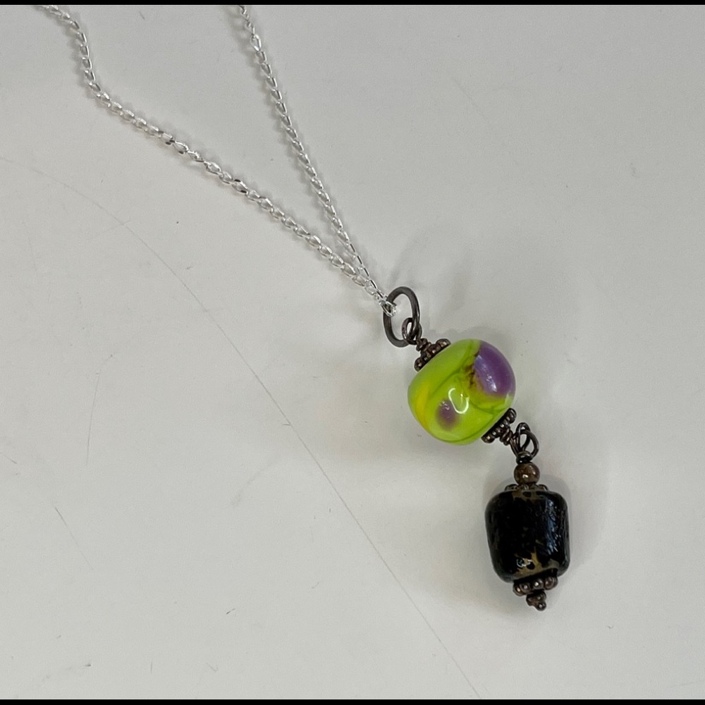 24” sterling silver chain with hand blown green & purple glass ball & brown bead